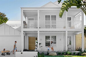 White hamptons home with family outside for a home buyer